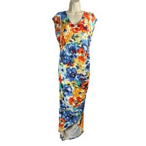 Colleen Lopez Dress Womens Small Watercolor Floral Shirred Ruched Fitted Maxi